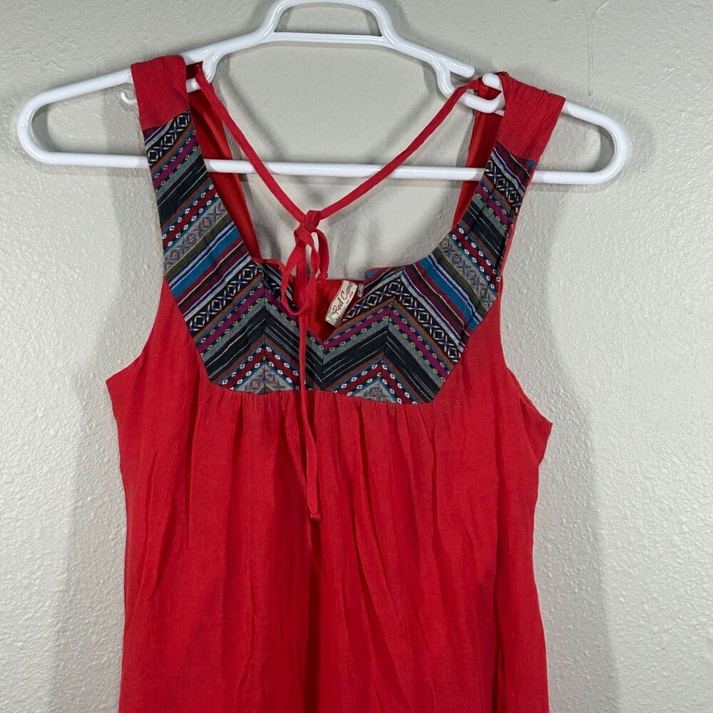 Red Camel Dress Womens L Red Sleeveless Boho Embroidered Yoke Tie Back Casual